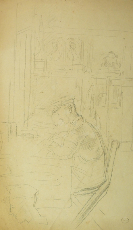 Pencil drawing, officer in billet, paintings on the wall. DRA/364